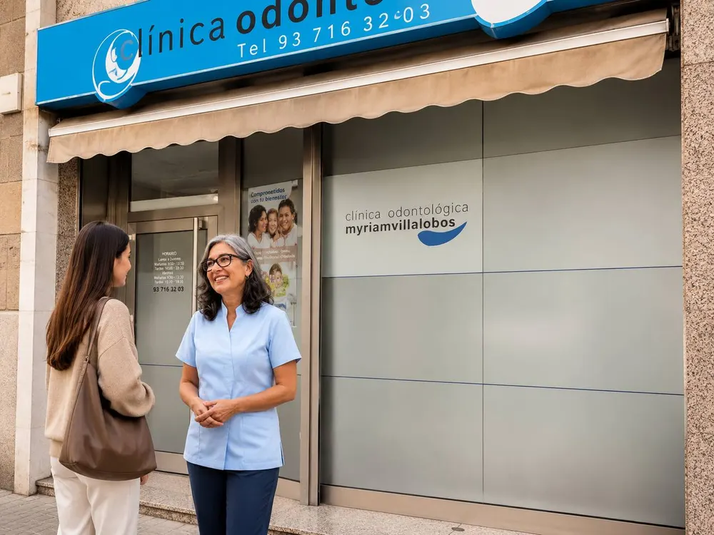 Fachada de la Clínica Odontológica Sabadell en Via Aurèlia, con el equipo atendiendo a una paciente