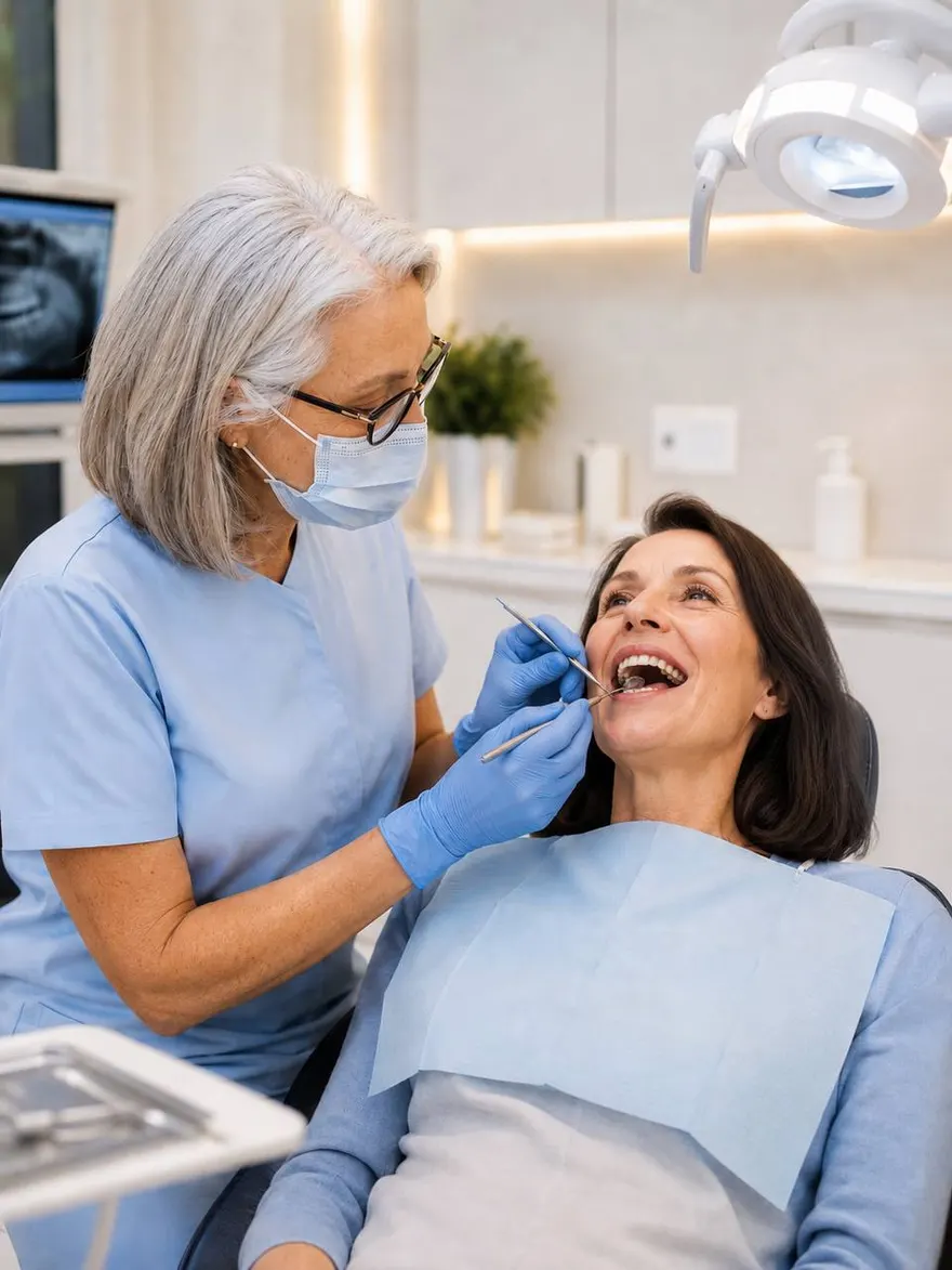 Dra. Myriam realizando una revisión e higiene dental a una paciente en la Clínica Odontológica Sabadell