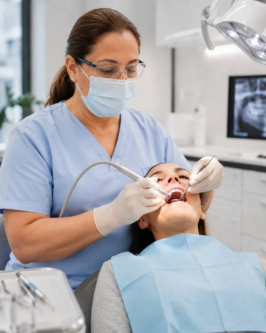Dra. Marisa, implantóloga de la Clínica Odontológica Sabadell, colocando un implante dental a una paciente